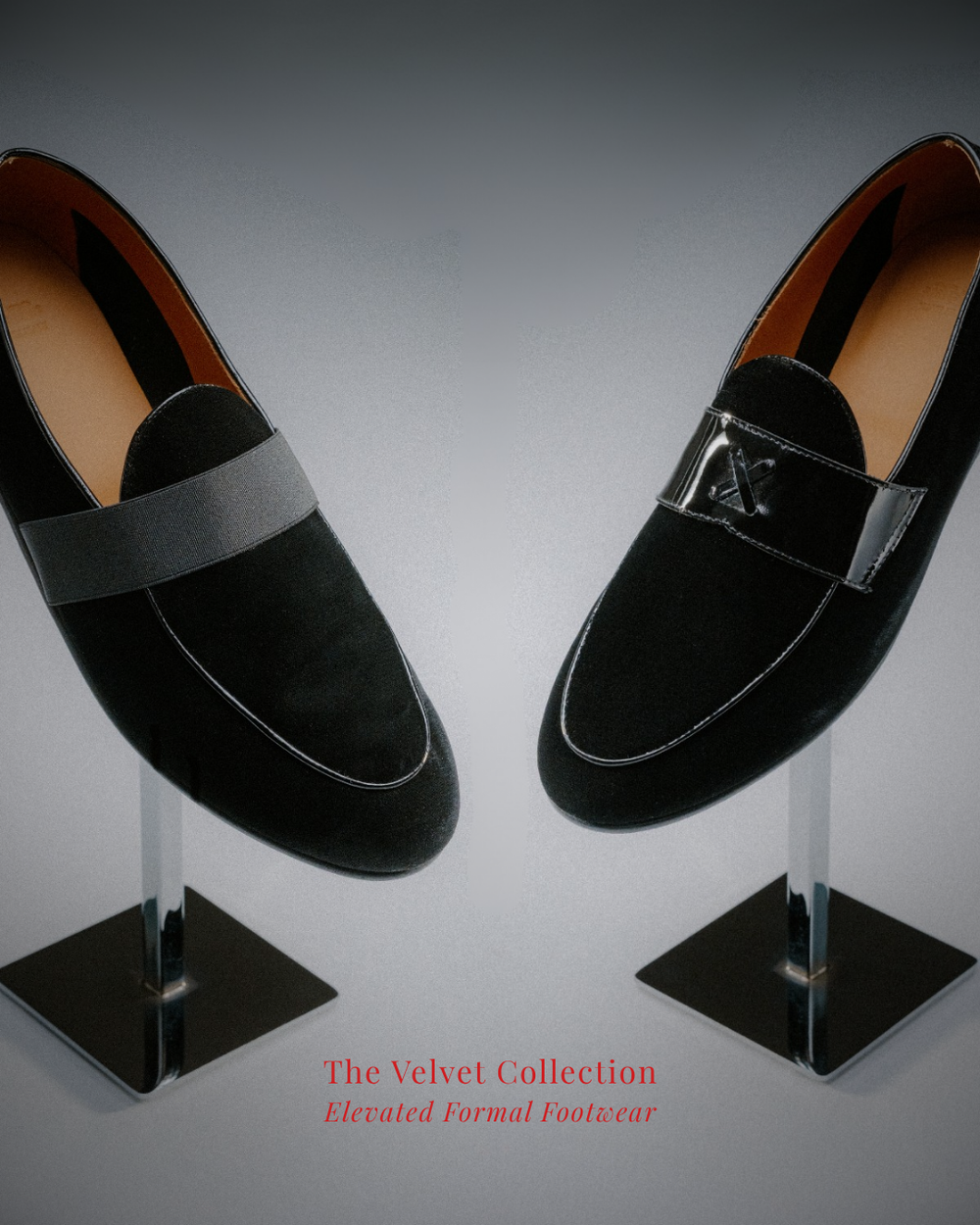 pair of velvet shoes propped up on metal shoe stands