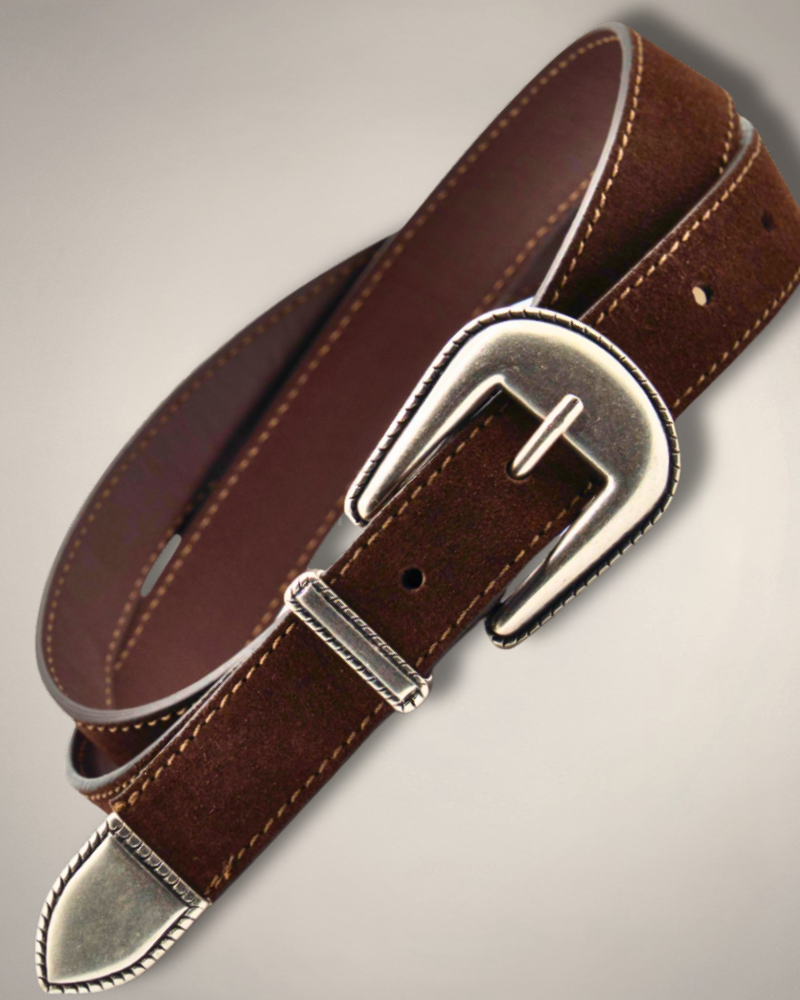 dark brown suede belt with western inspired metal buckle