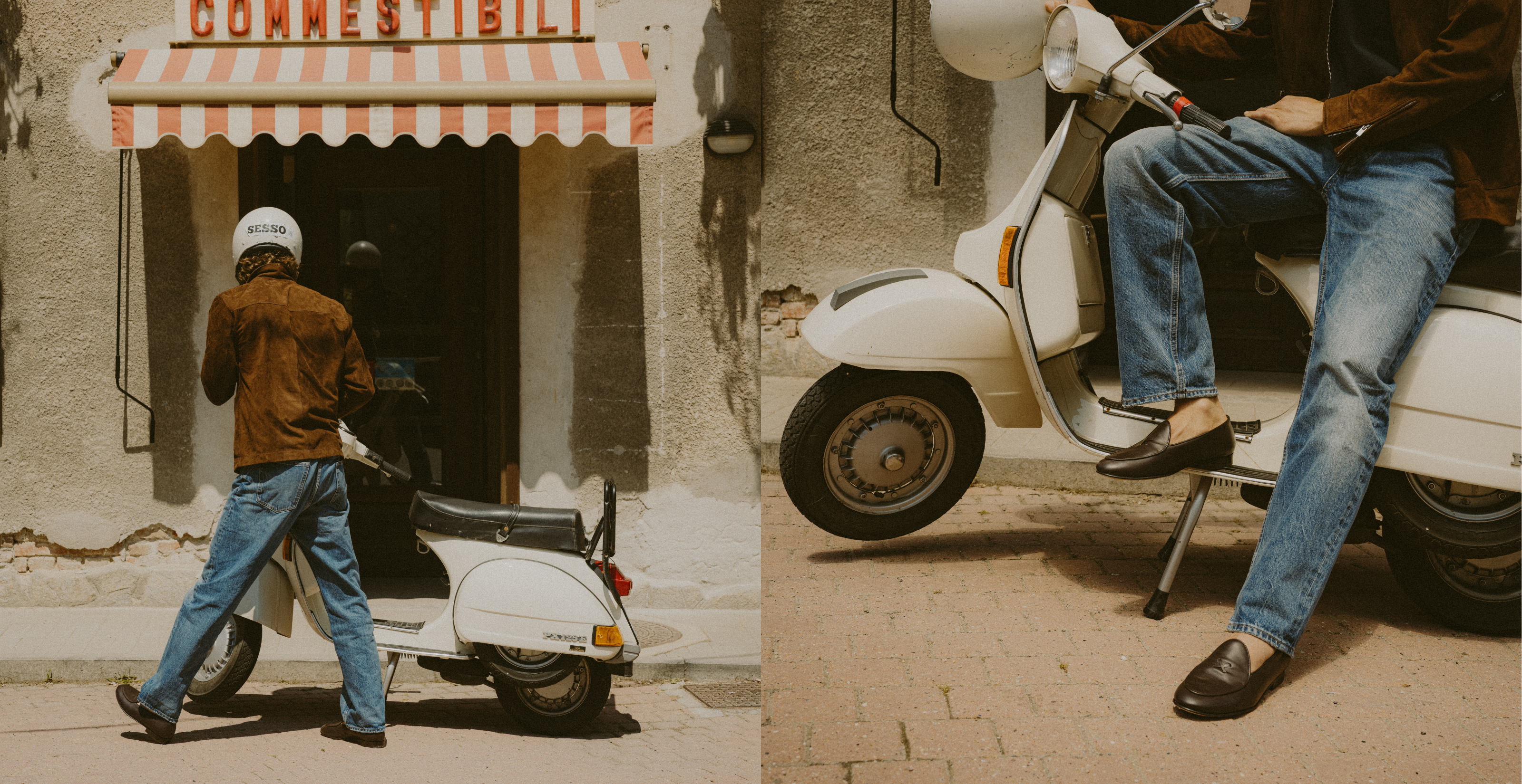 Man on motorcycle wearing dark brown leather loafers