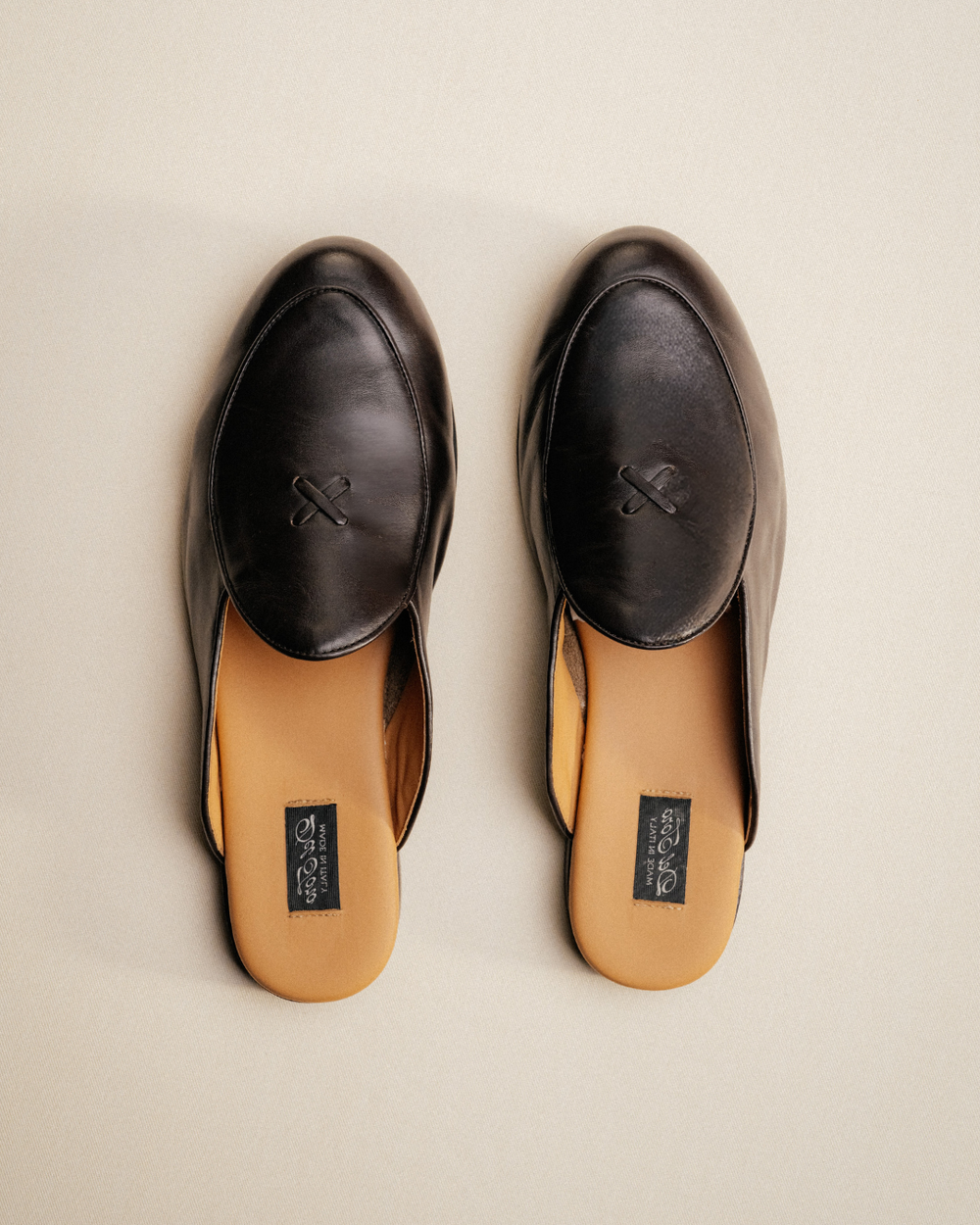 dark leather backless mules